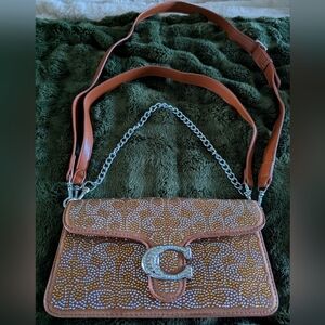 Coach Brown Crystal-Embellished Signature Shoulder Bag